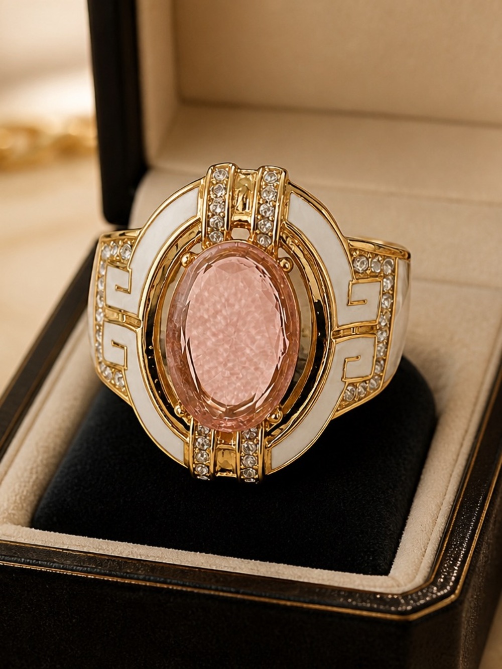 Gold-Plated Pink Crystal Oval Bracelet with White Enamel Accents